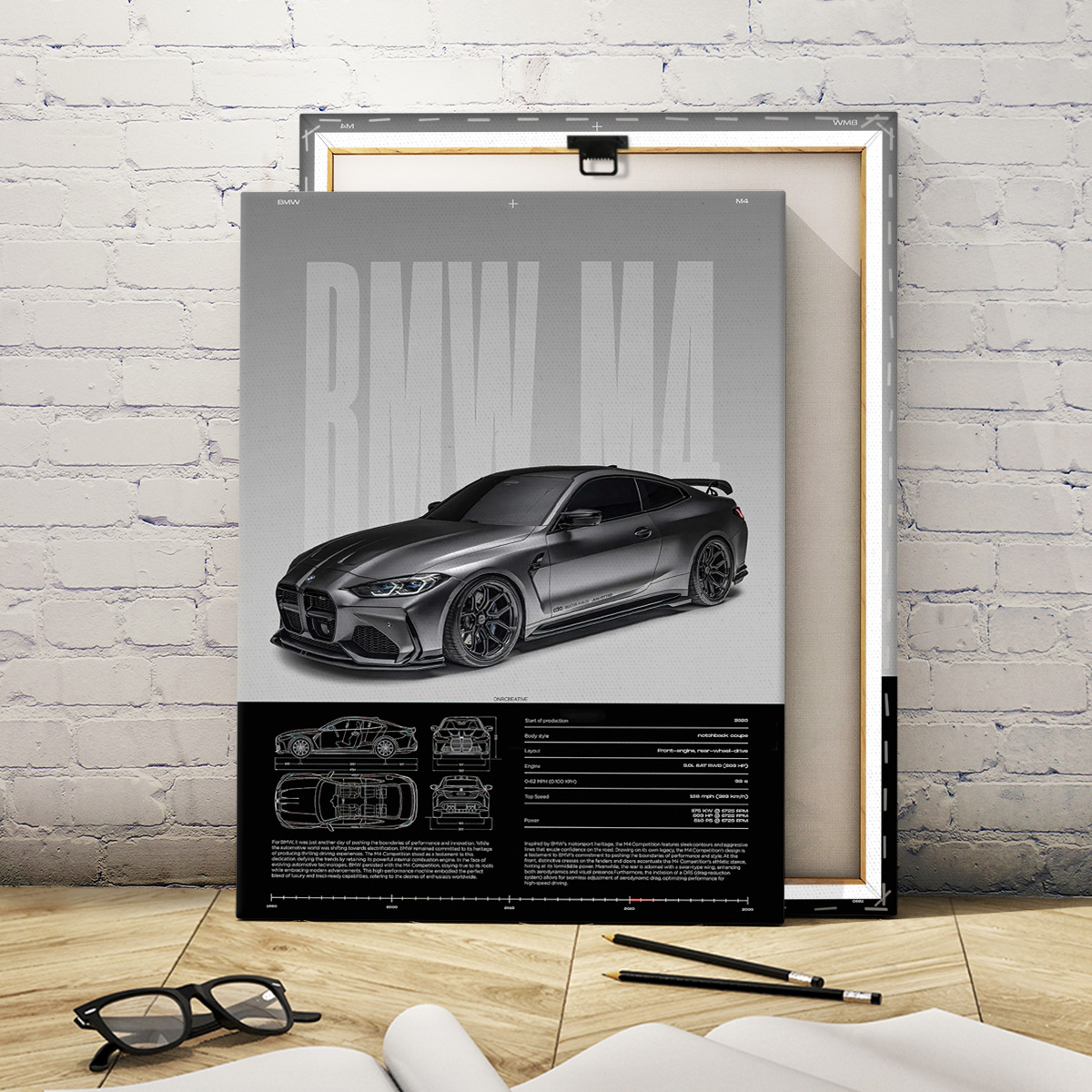 Rear view of BMW M4 canvas wall art wooden stretcher frame