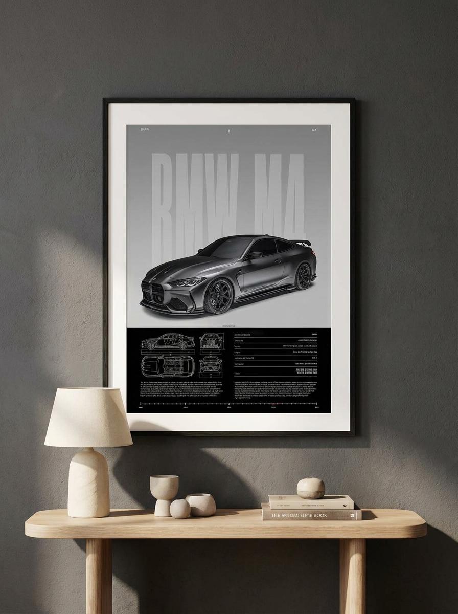 BMW M4 canvas wall art in a modern gray interior