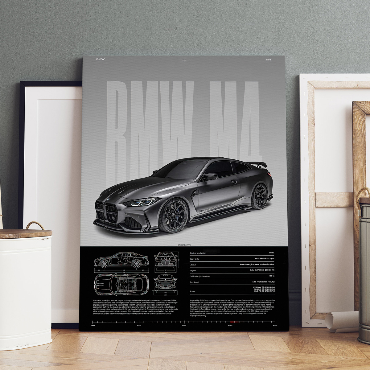 Modern BMW M4 Competition Blueprint Canvas Wall Art（30×40cm）