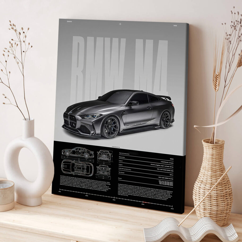 BMW M4 canvas wall art styled in a modern room