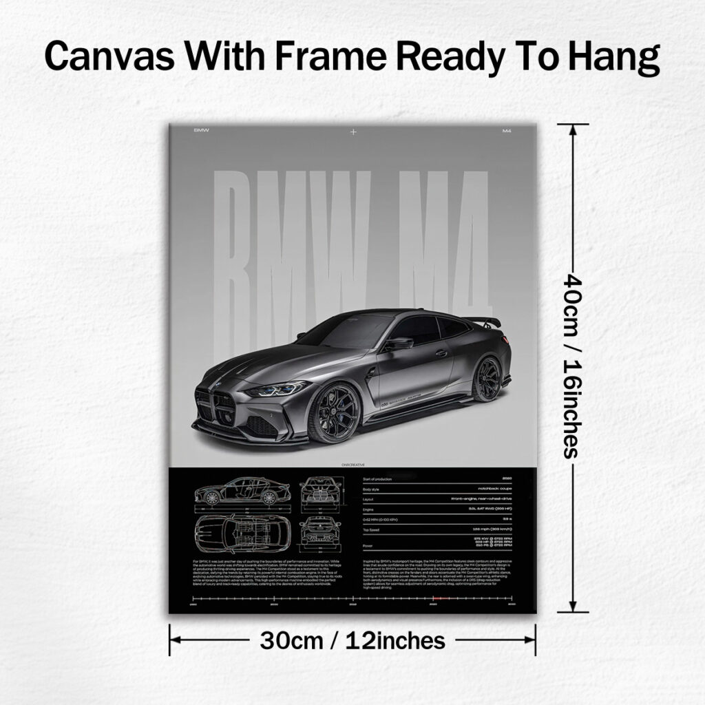 BMW M4 canvas wall art size and hanging details