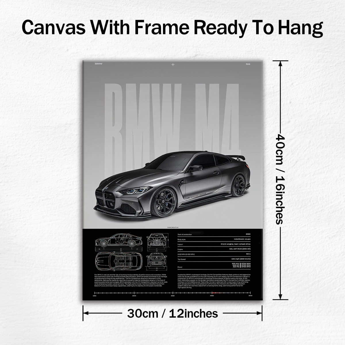 BMW M4 canvas wall art size and hanging details
