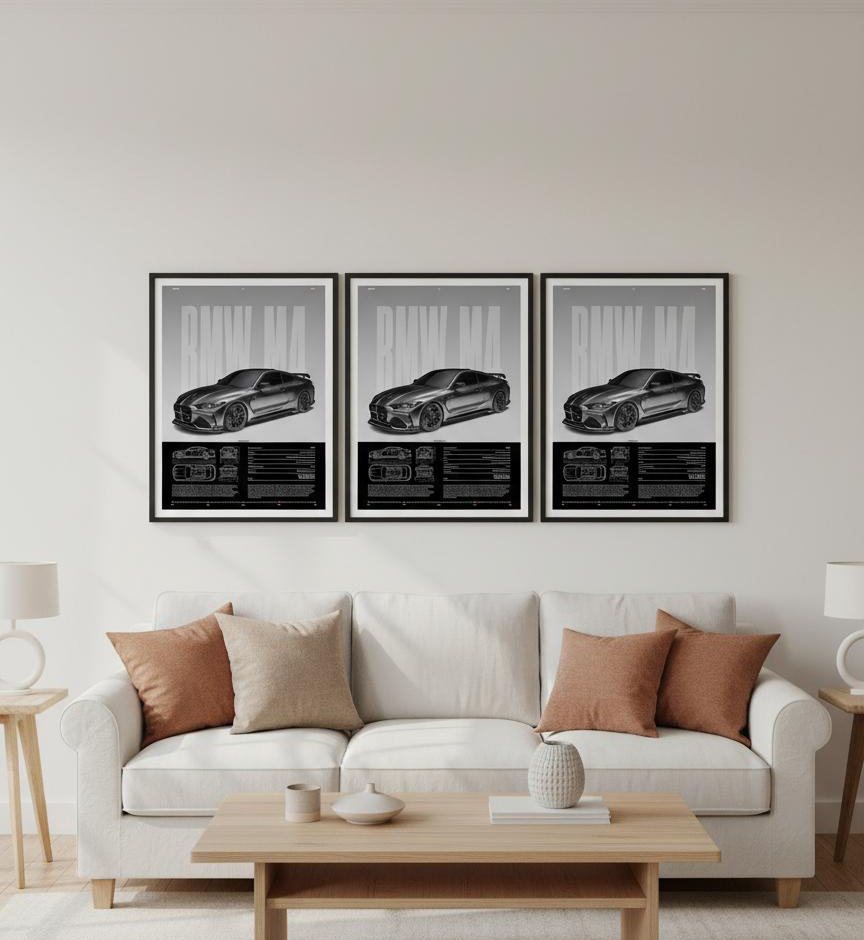 BMW M4 canvas wall art above a modern sofa