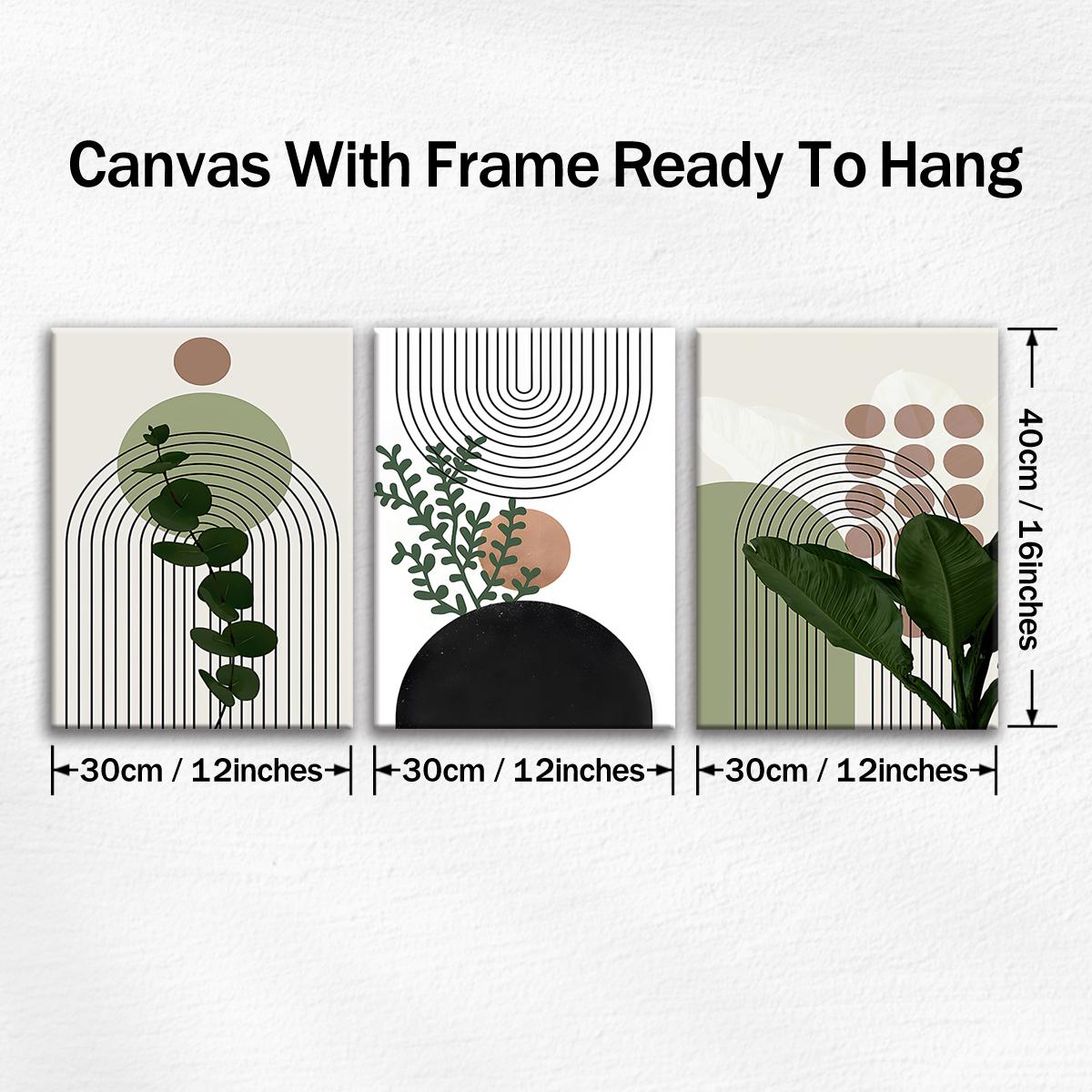 Boho botanical canvas wall art set with three framed 12 by 16 inch panels