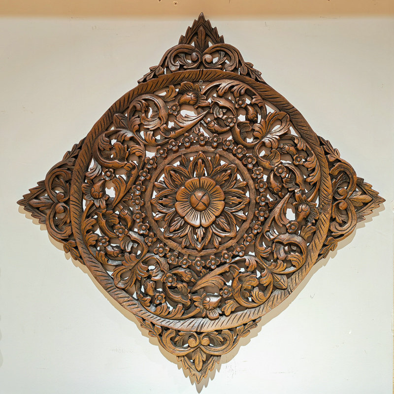 Brown square floral carved wood wall panel