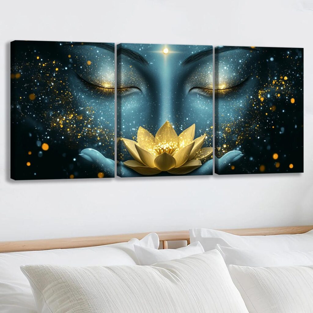 Buddha lotus canvas wall art above a modern bed