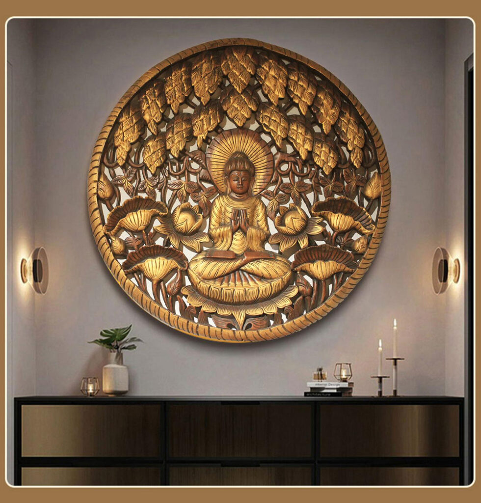 Round Buddha wood wall art with carved lotus and Bodhi tree relief