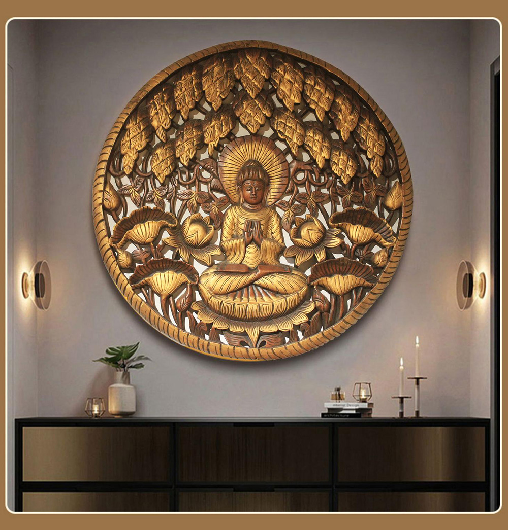 Hand Carved Buddha Wood Wall Art – Round Lotus Relief Decor