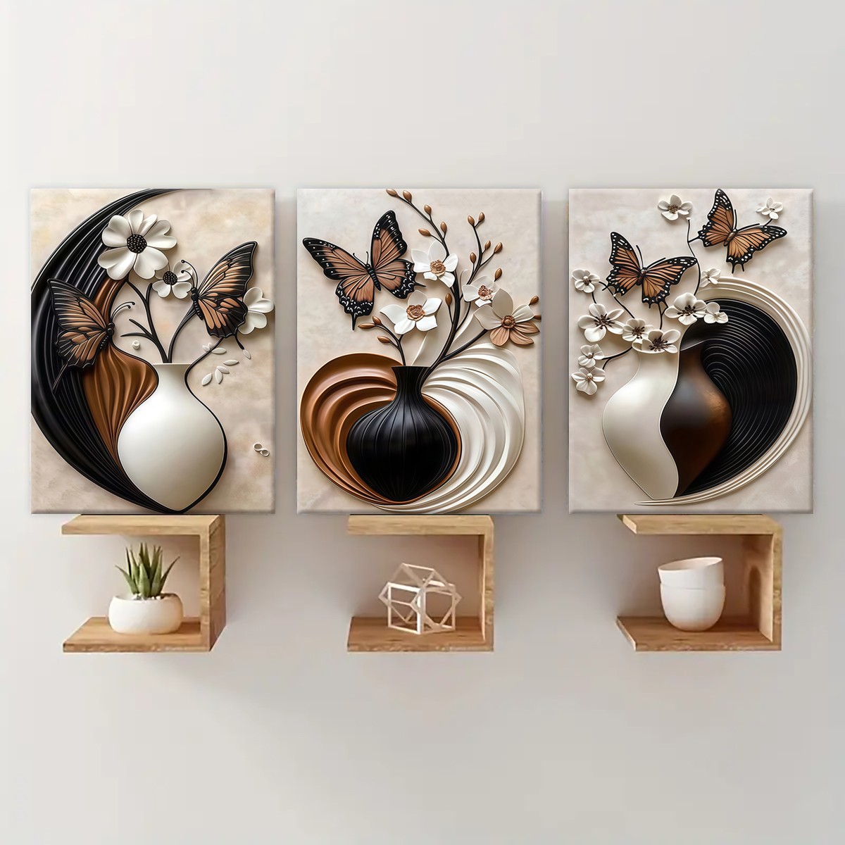 Custom Butterfly Floral Canvas Wall Art Set of 3 with Abstract Vases