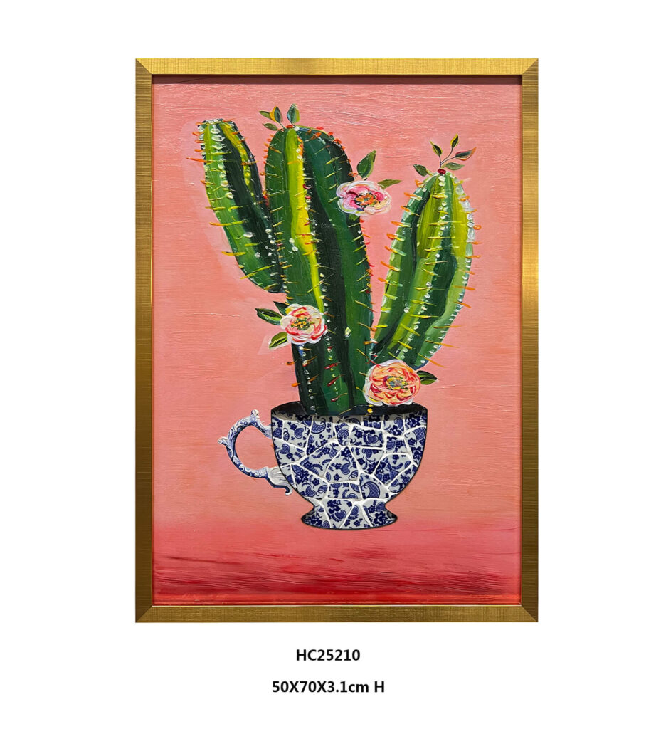 Cactus porcelain shard wall art with pink blooms