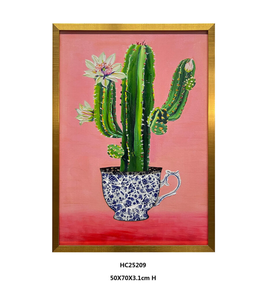 Cactus porcelain shard wall art with white blooms