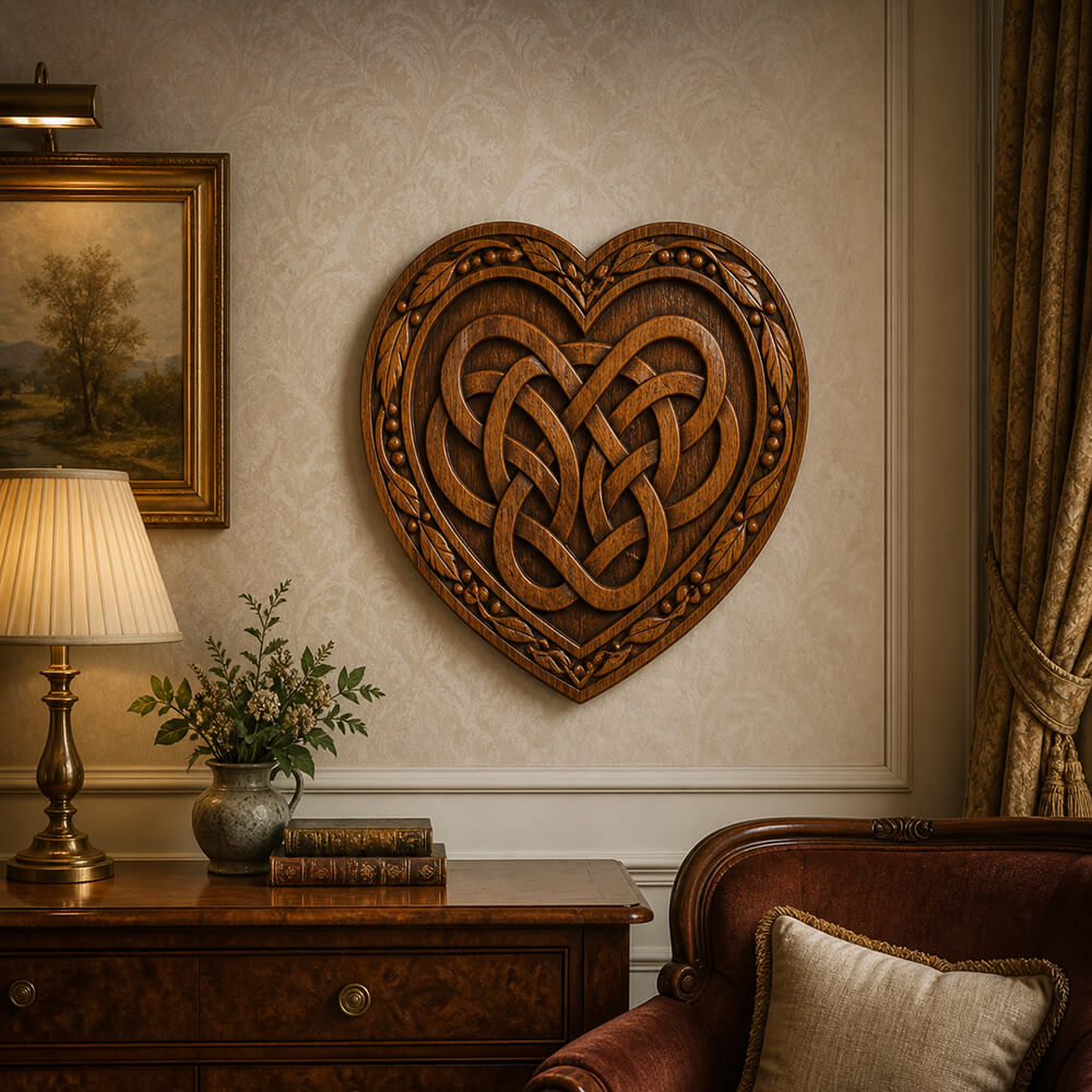 Hand Carved Wooden Celtic Heart Plaque With Intertwined Love Knot Wall Decor