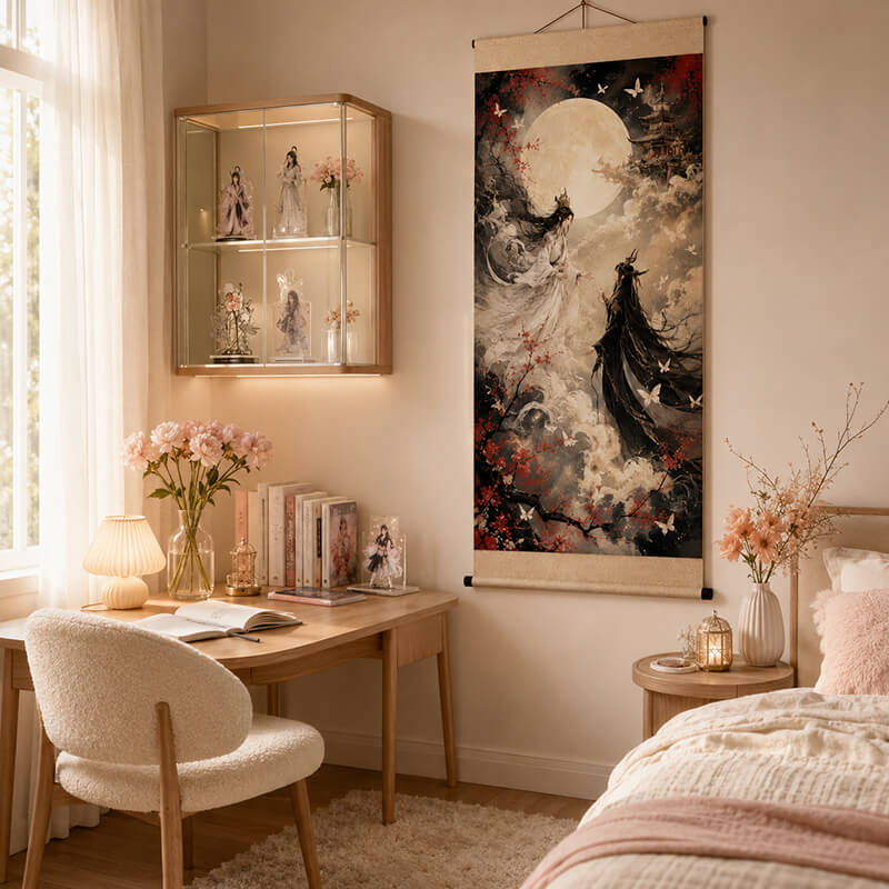 Chinese Anime Wall Scroll in a bright feminine bedroom with anime collectibles