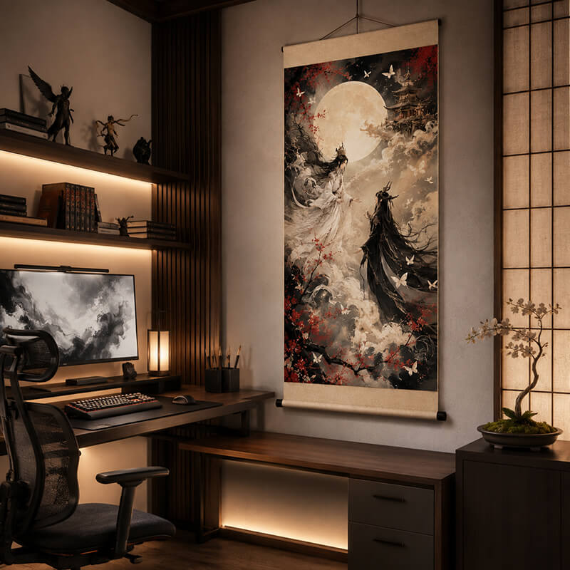 Chinese Anime Wall Scroll displayed beside a warm modern gaming desk