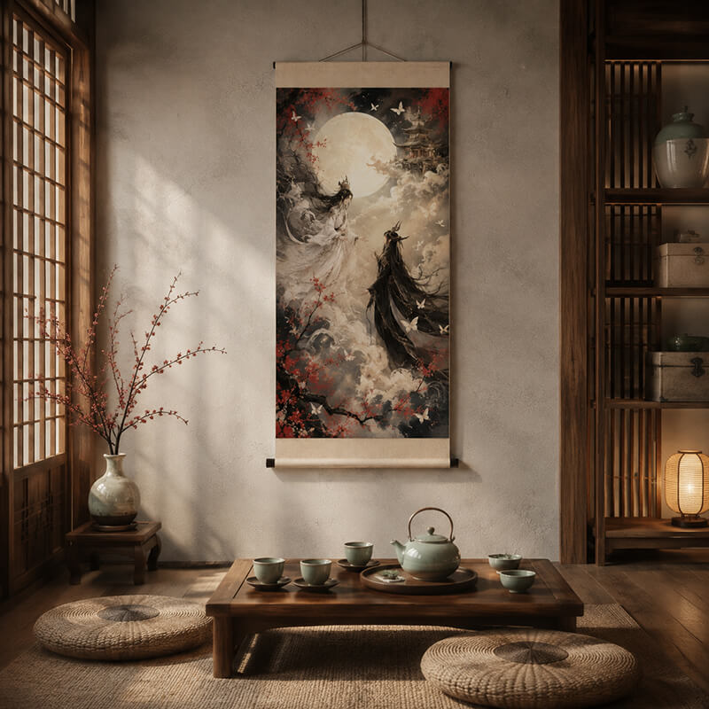 Moonlit Chinese fantasy wall scroll displayed in a modern tea room