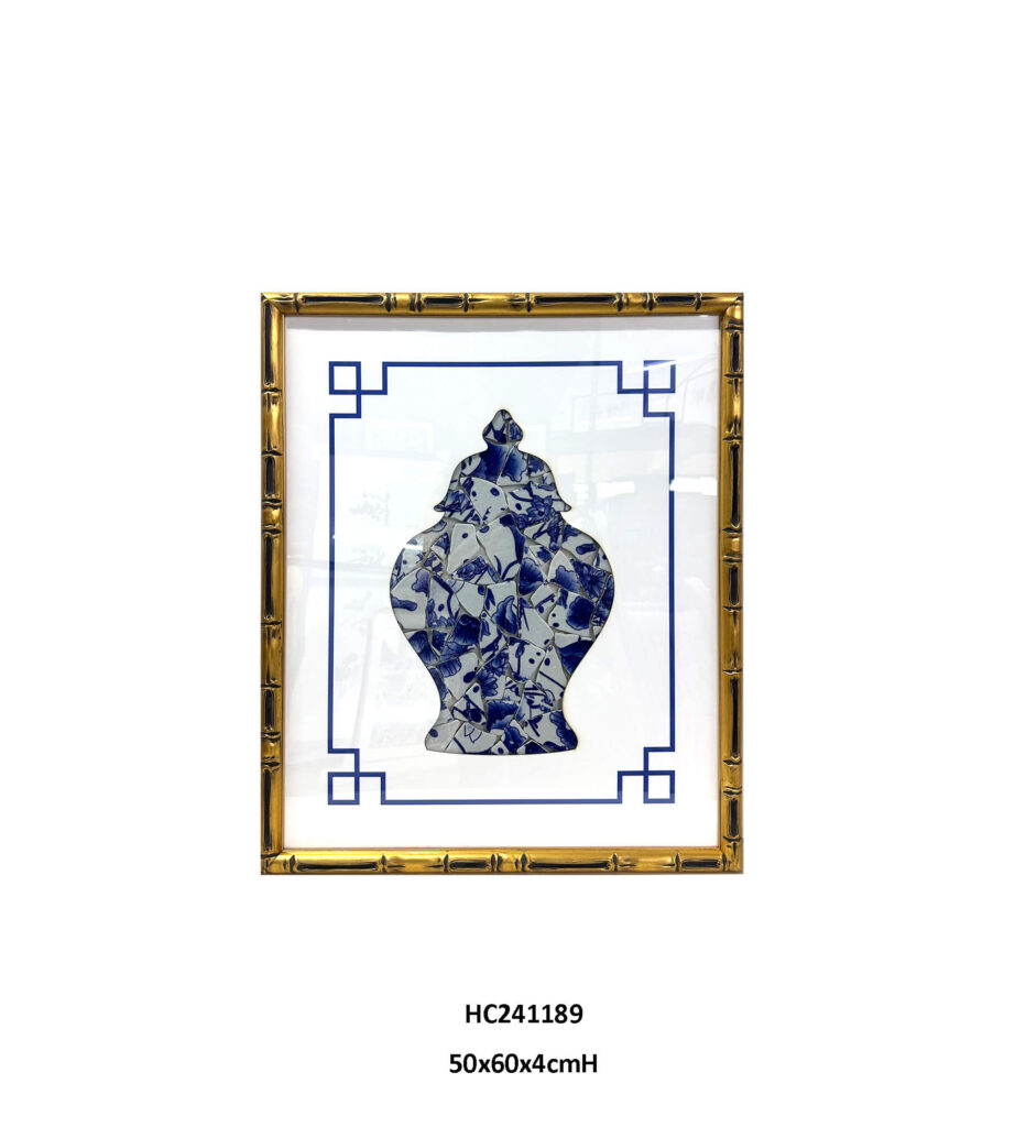 Ginger jar porcelain wall art with floral blue and white shards