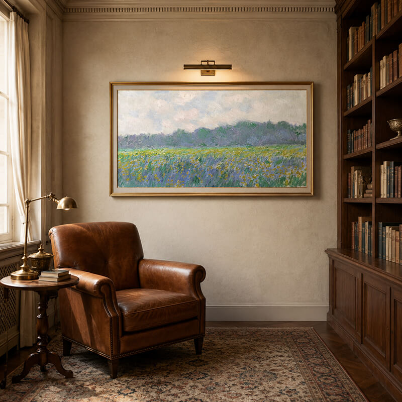 Claude Monet Field of Yellow Irises at Giverny wall art displayed in a warm art history reading room.