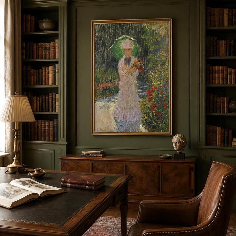 Claude Monet Woman in the Garden wall art displayed in a classic green library with warm walnut furniture.