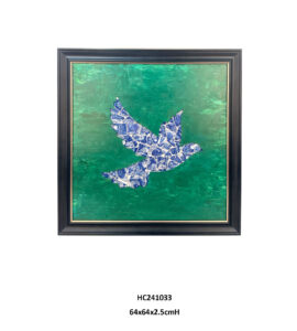 Swallow mosaic wall art with cobalt porcelain bird on an emerald green background