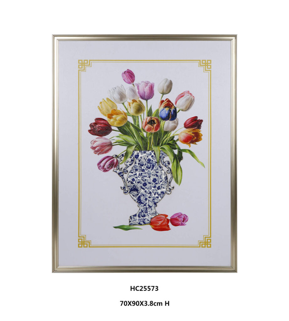 Colorful tulip porcelain wall art with a blue and white mosaic vase