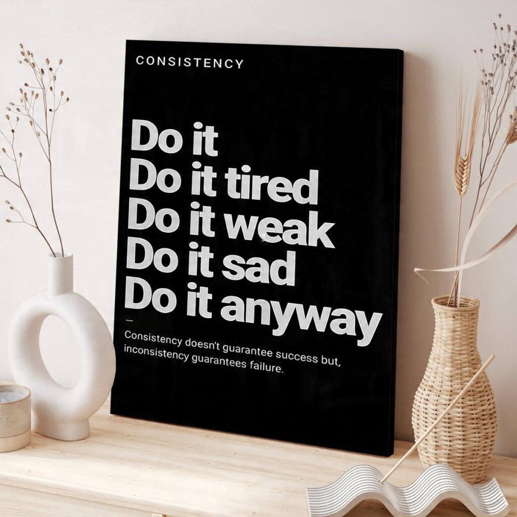 Consistency motivational canvas wall art styled with neutral modern decor