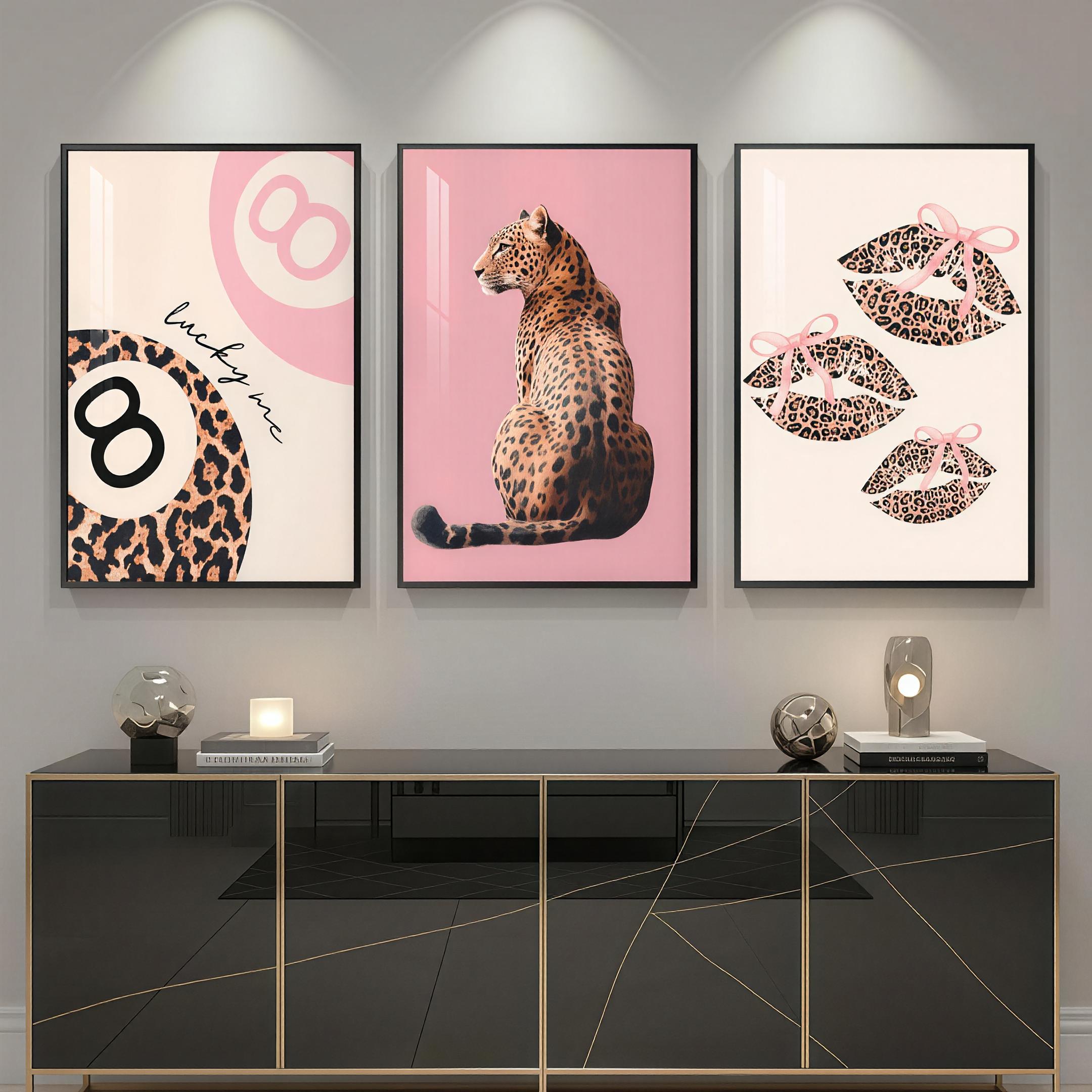 Coquette leopard canvas prints in black metal frames