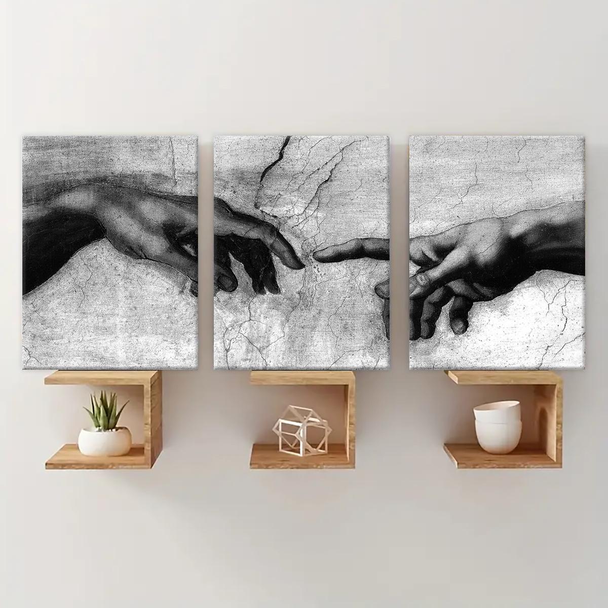 Black and White Creation of Adam Canvas Wall Art Triptych (30×40cm)