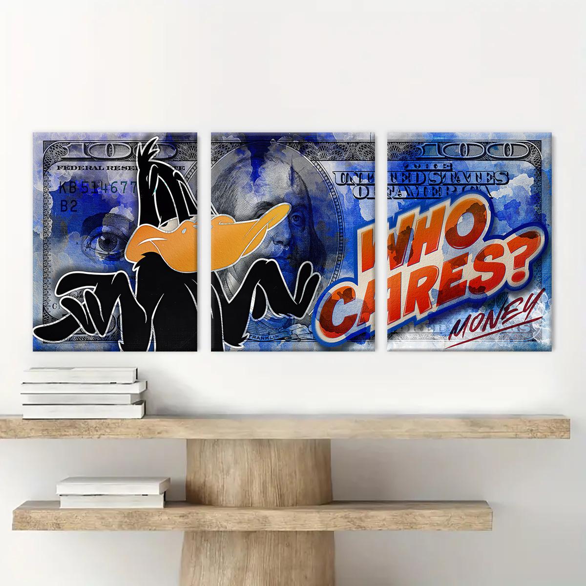 Daffy Duck money canvas wall art displayed above wooden shelves