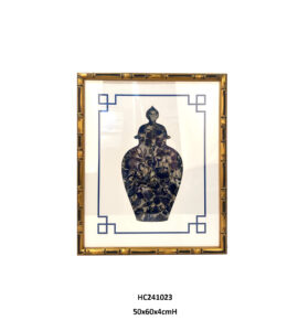 Dark blue porcelain shard wall art with a ginger jar silhouette