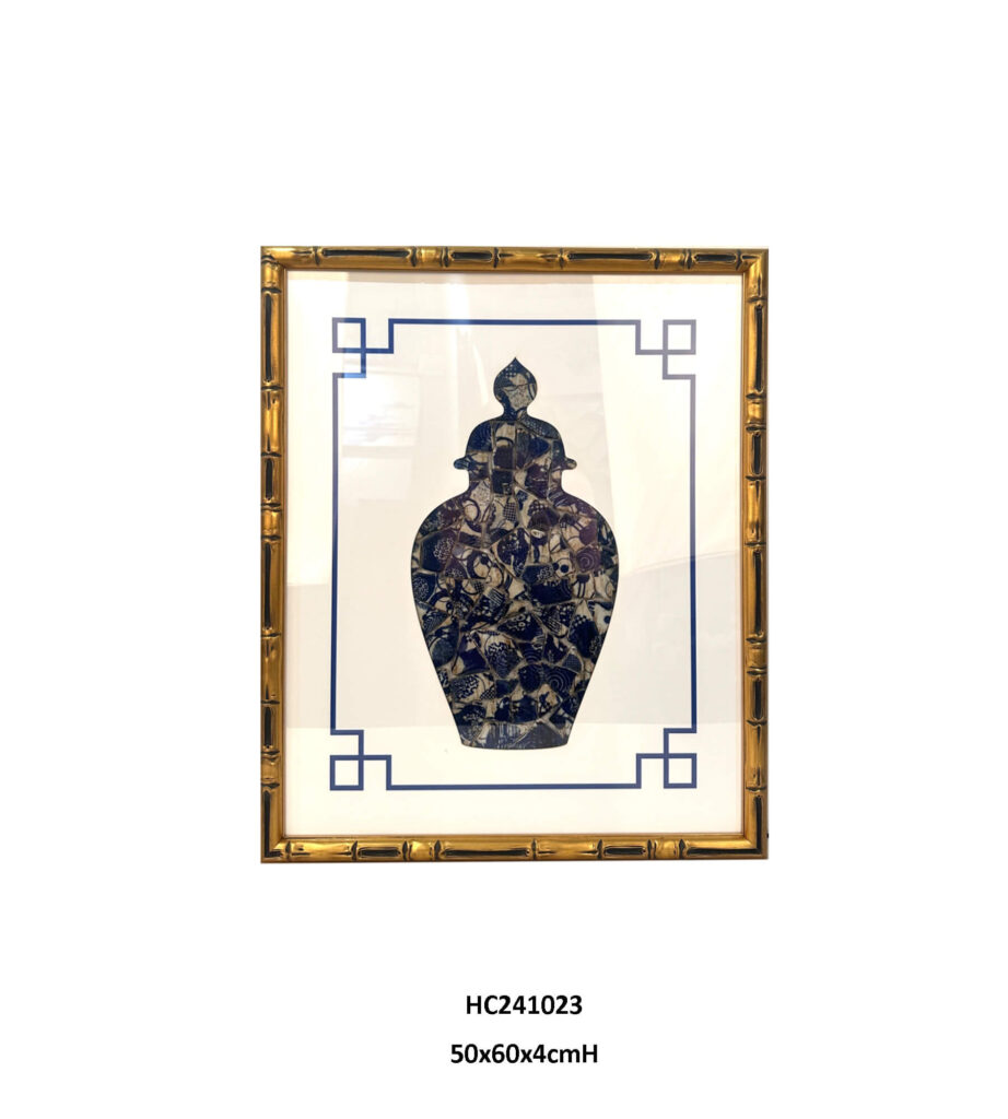 Dark blue porcelain shard wall art with a ginger jar silhouette