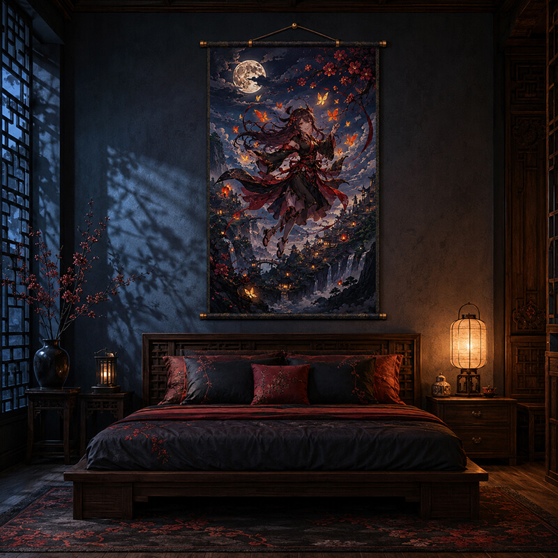 Dark fantasy anime wall scroll hanging above a wooden bed in an oriental-style bedroom with moonlight and warm lantern lighting