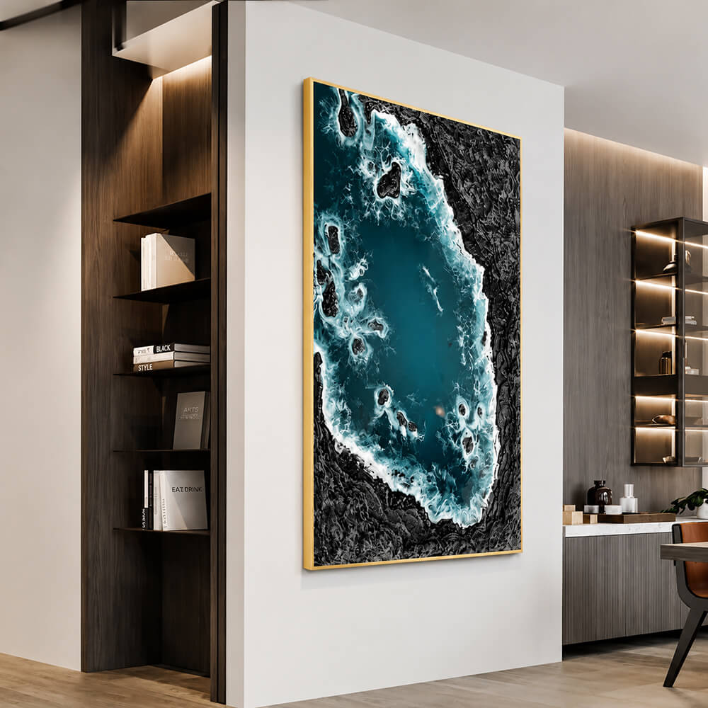Dark ocean abstract glass art with a sleek protective frame.