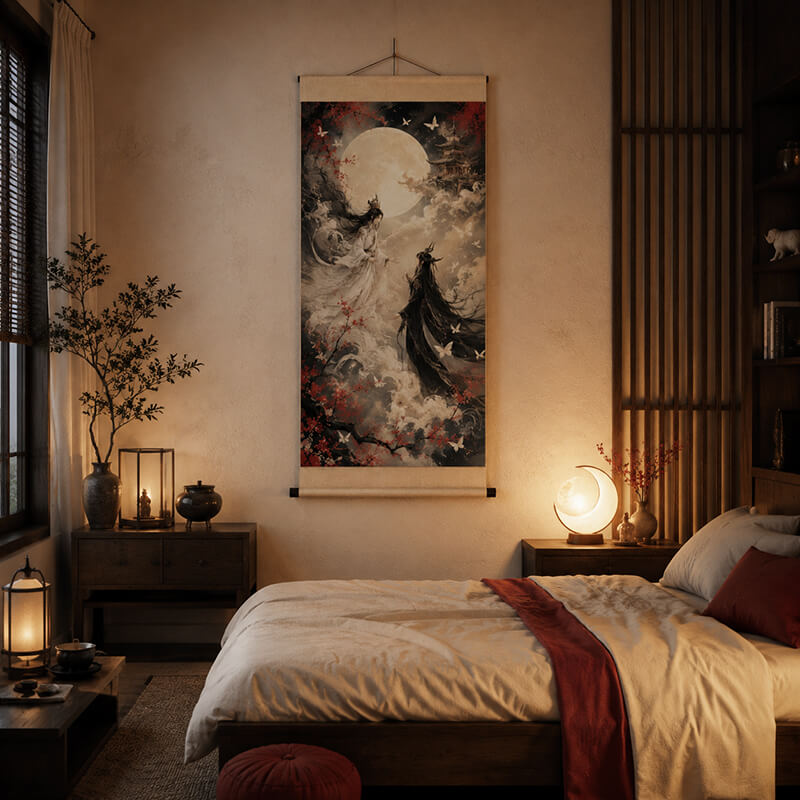Create an atmospheric bedroom with Chinese style anime scroll wall art.