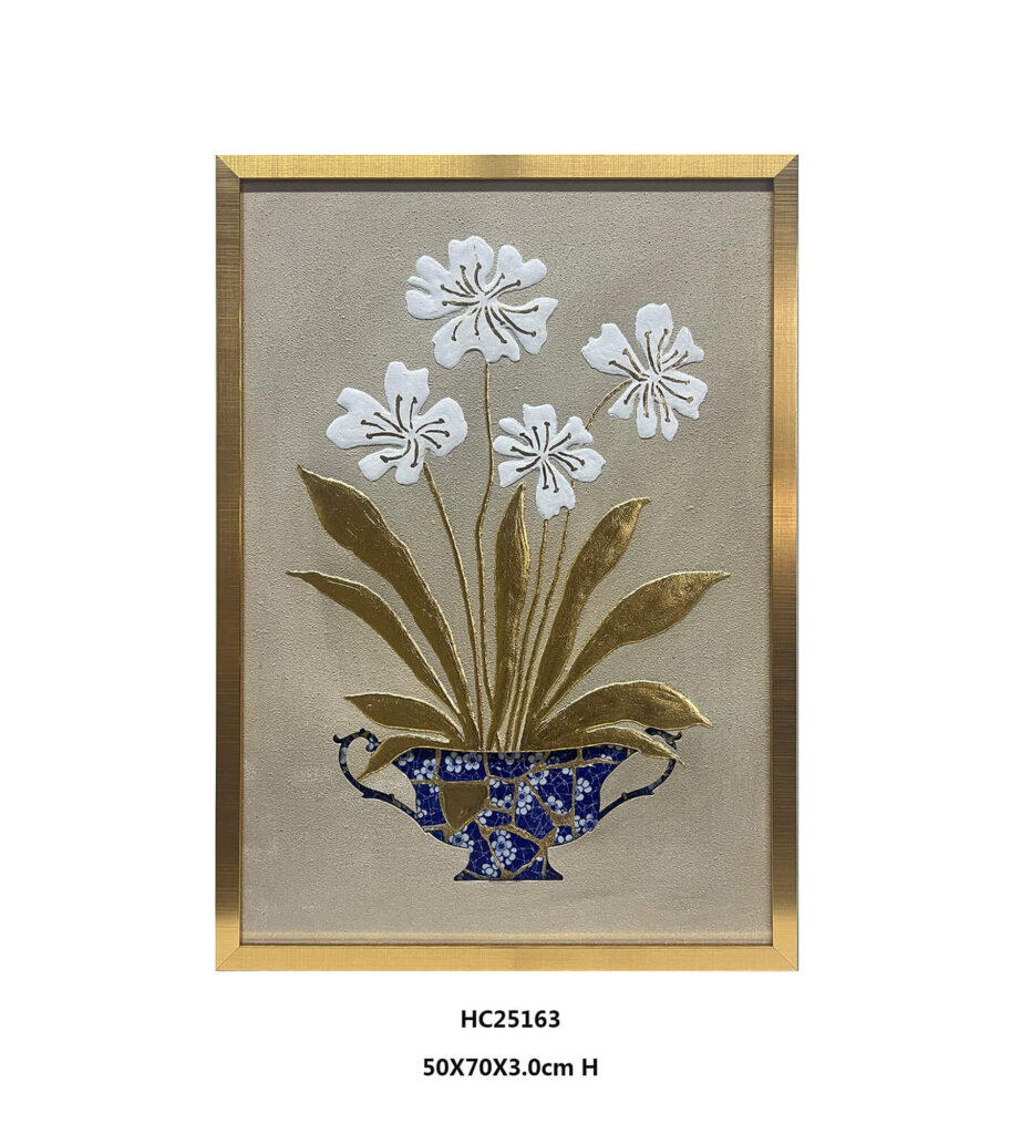 White floral wall art with a double-handle porcelain mosaic vase
