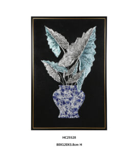 Framed porcelain wall art with silver blue elephant ear leaves