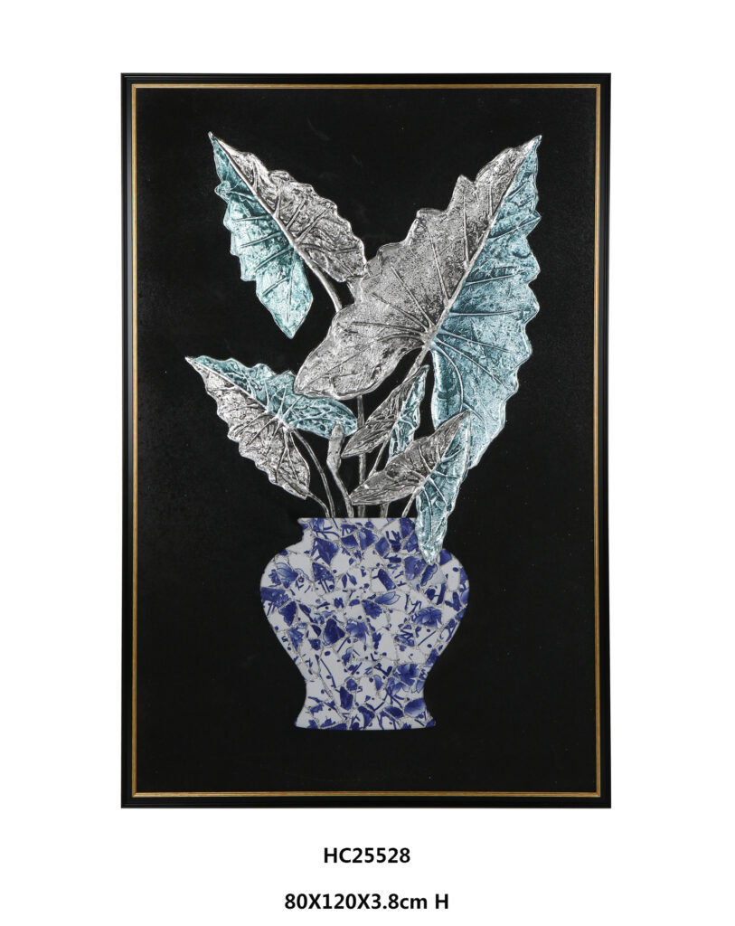 Framed porcelain wall art with silver blue elephant ear leaves