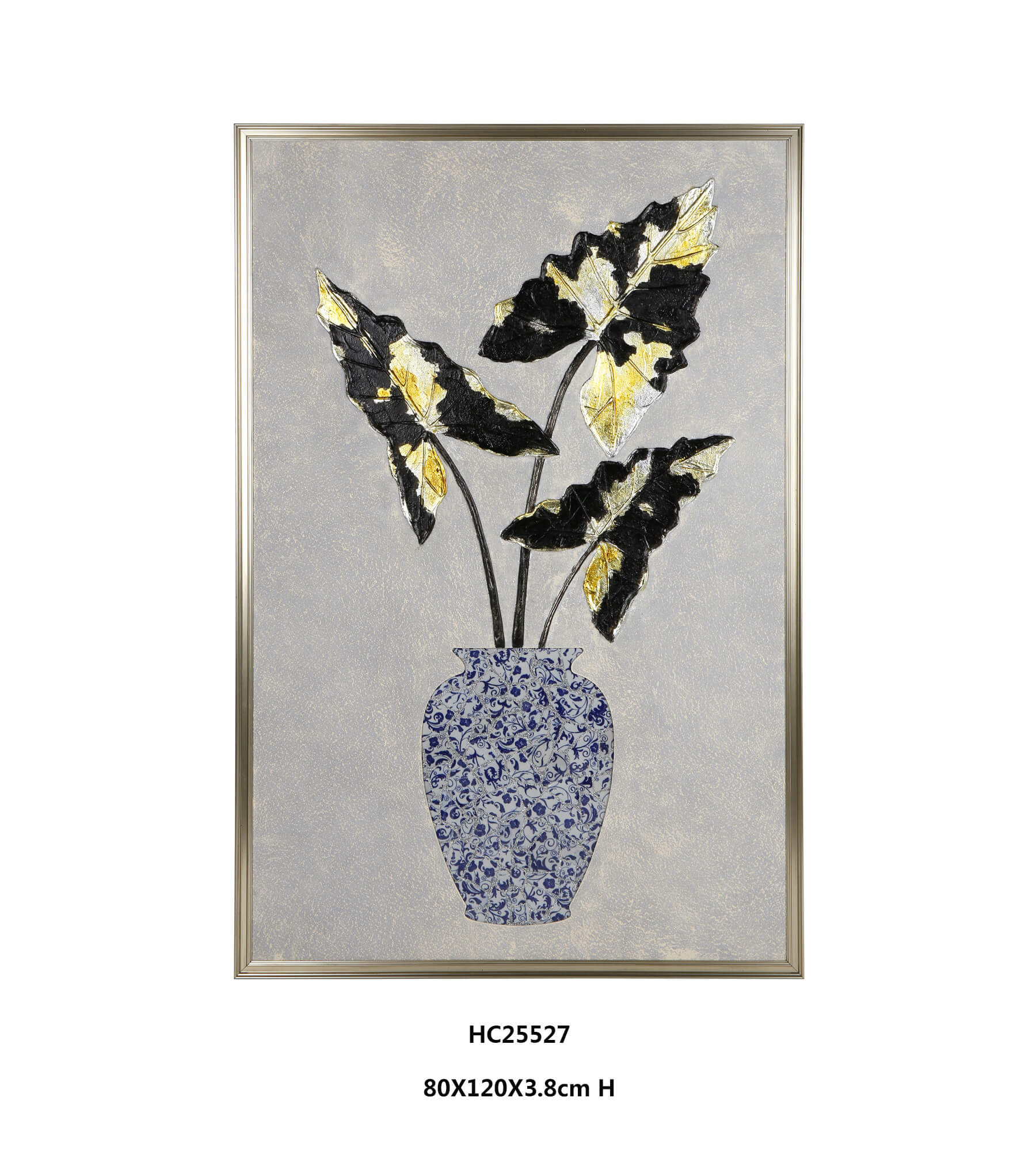 Monstera and Elephant Ear Porcelain Wall Art in Black and Gold(80×120×3.8cm)