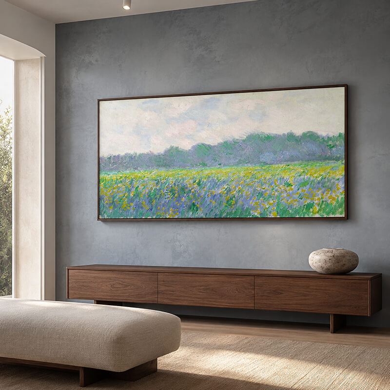 Field of Yellow Irises at Giverny canvas print in a walnut float frame inside a private collector’s room.