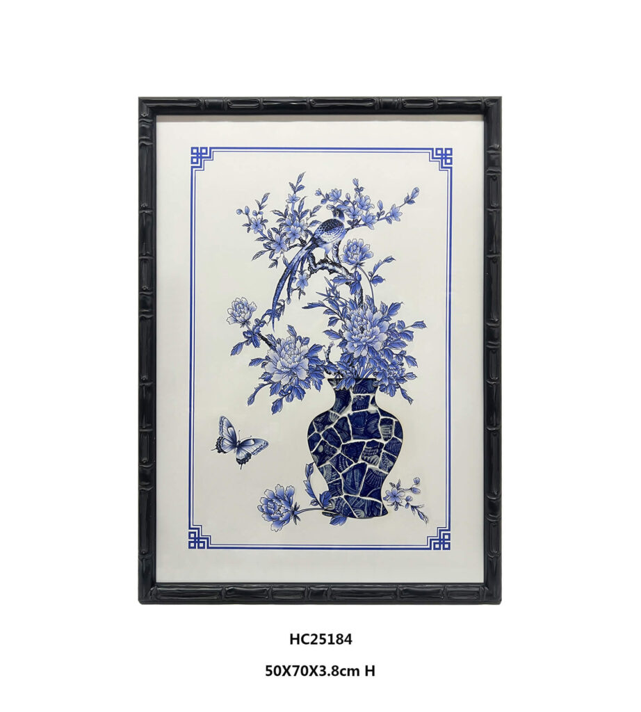Floral porcelain wall art with porcelain shard vase and butterflies