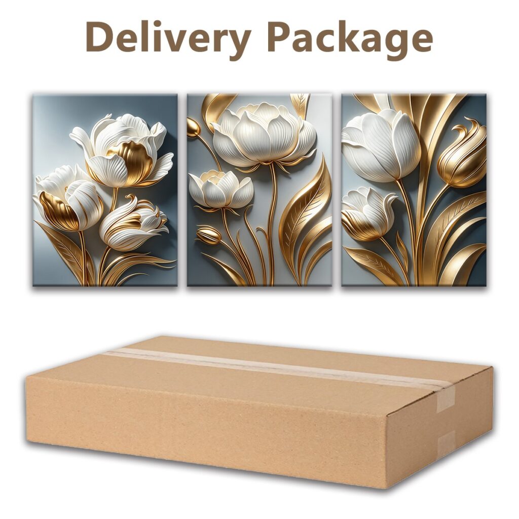 Three piece floral canvas wall art packed for delivery