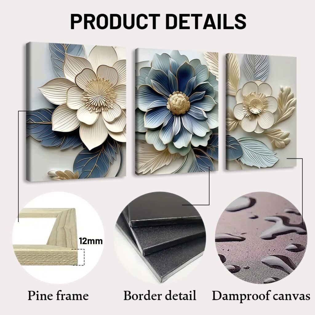 Pine frame and damp resistant canvas wall art details