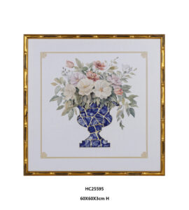 Floral porcelain wall art with blush flowers and a blue porcelain shard vase