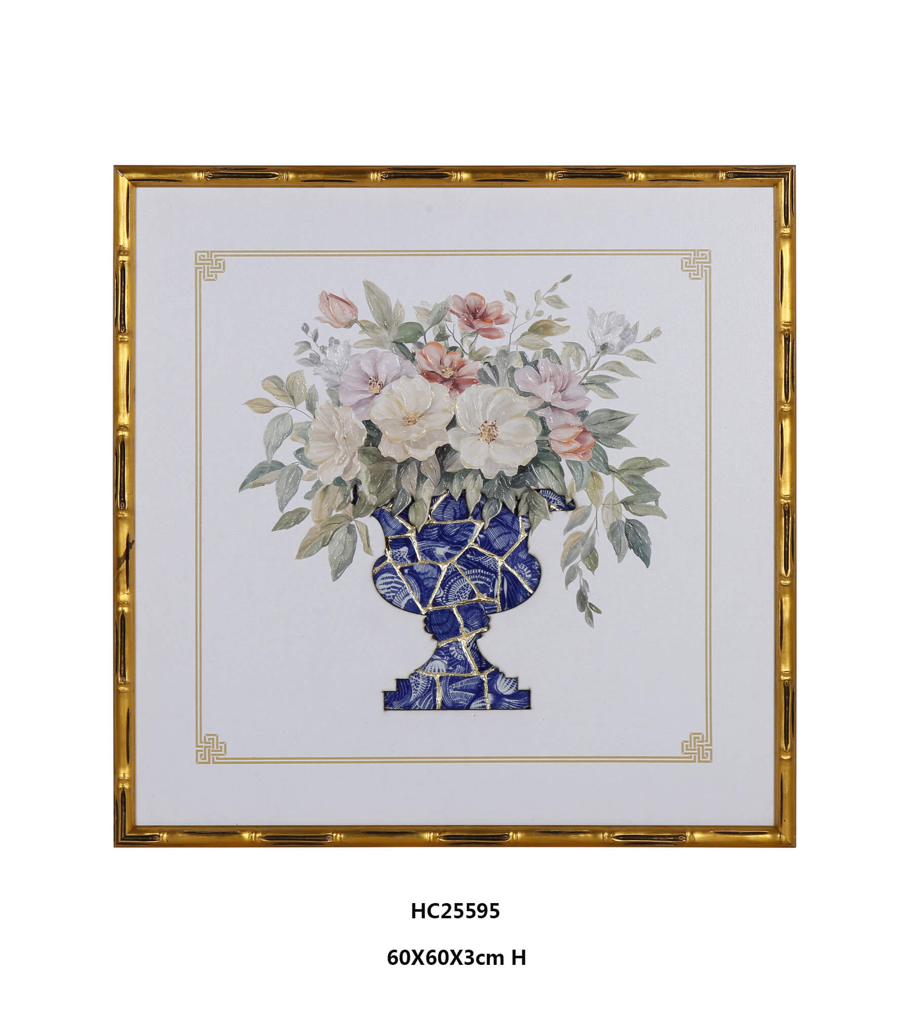 Floral Porcelain Wall Art Shaped by Blue White and Gold（60×60×3cm）