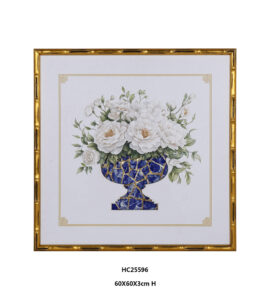 Floral porcelain wall art with white peonies and a blue porcelain shard vase