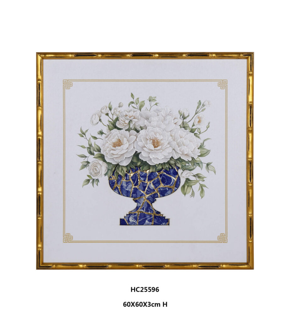 Floral porcelain wall art with white peonies and a blue porcelain shard vase