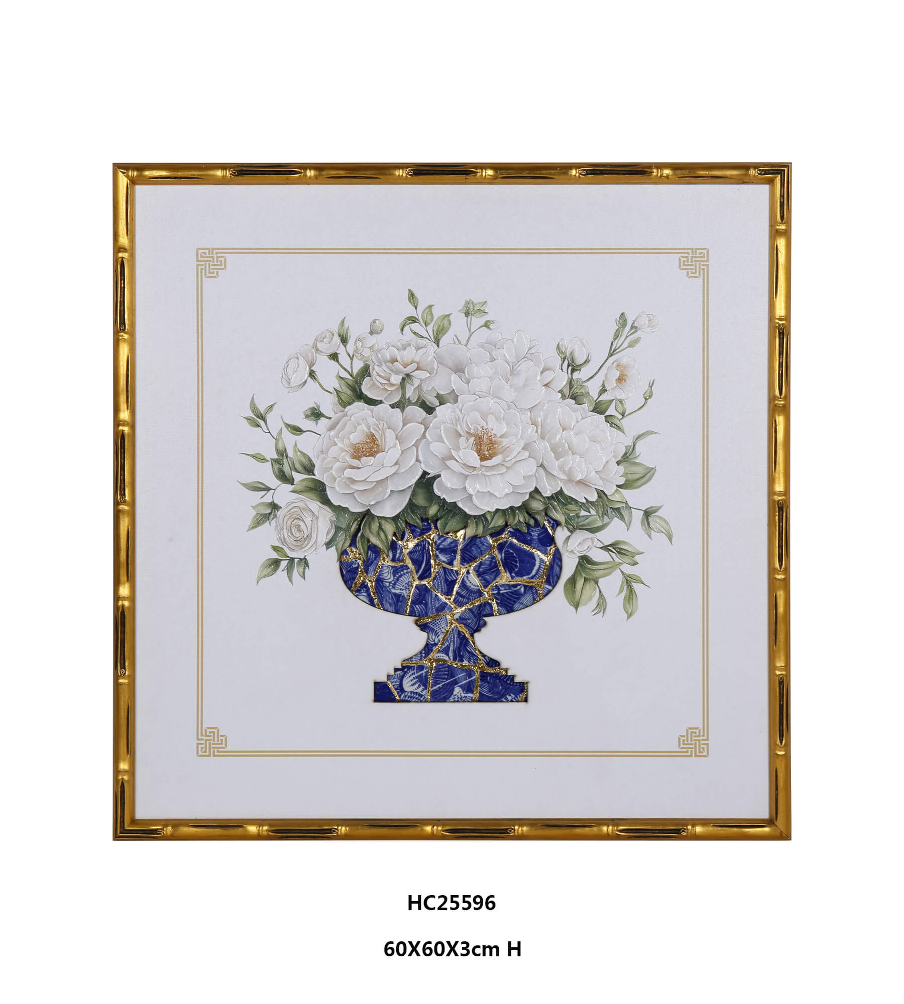 Floral porcelain wall art with white peonies and a blue porcelain shard vase