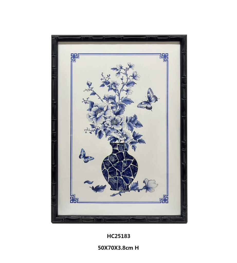 Blue and white floral bird wall art with porcelain shard vase