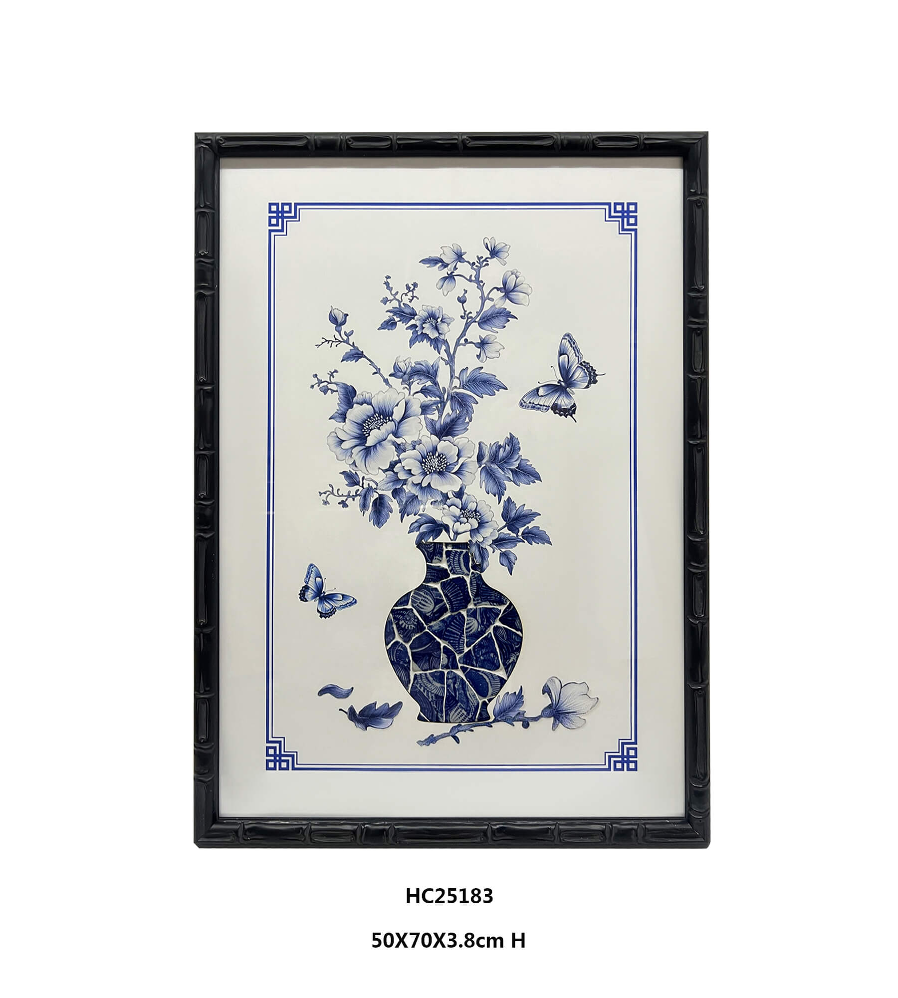 Blue and white floral bird wall art with porcelain shard vase