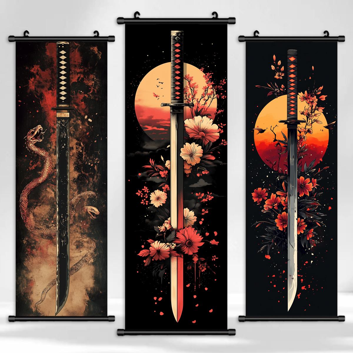 Set of 3 Japanese Katana Canvas Wall Scrolls