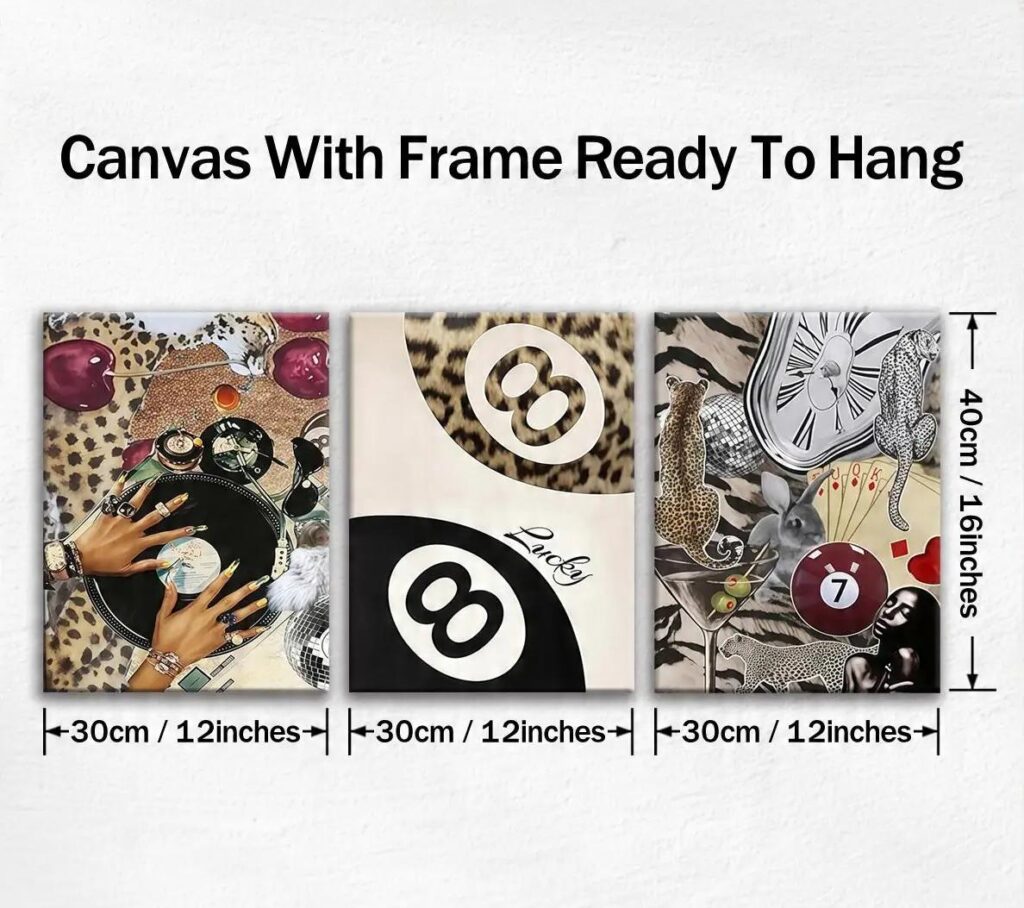 Three framed lucky 8 ball canvas prints measuring 30 by 40 centimeters